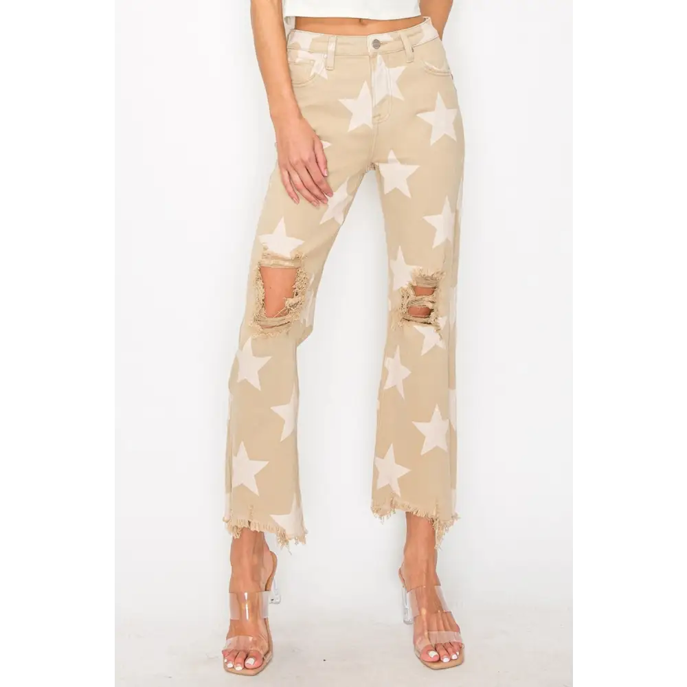 RISEN Full Size High Rise Star Printed Frayed Hem Jeans.