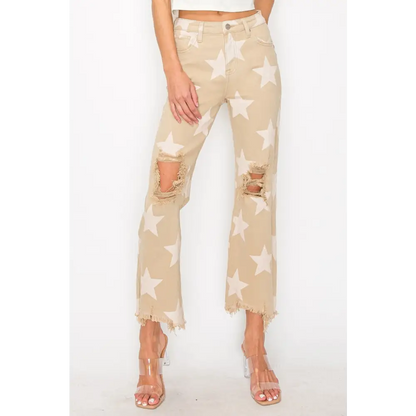 RISEN Full Size High Rise Star Printed Frayed Hem Jeans.