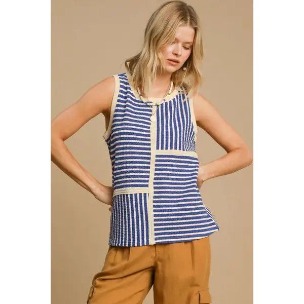 Round Neck Texture Striped Tank.
