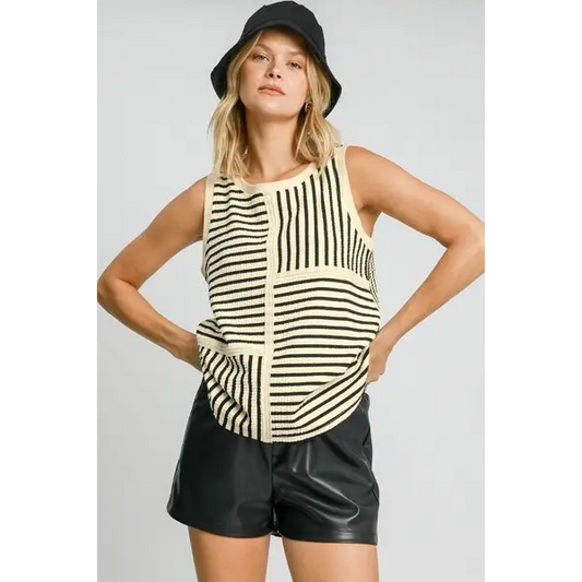 Round Neck Texture Striped Tank.
