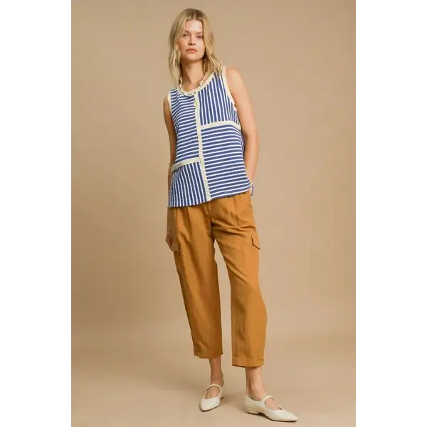 Round Neck Texture Striped Tank.