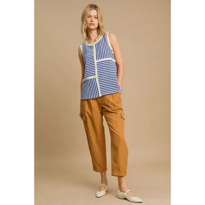 Round Neck Texture Striped Tank.