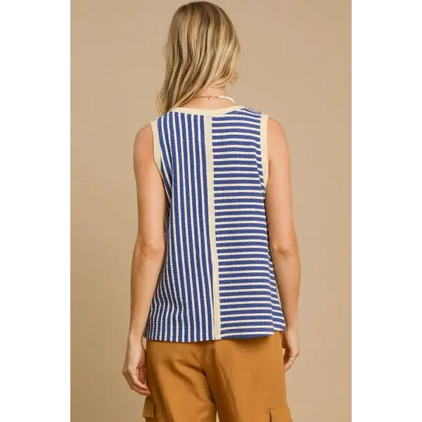 Round Neck Texture Striped Tank.