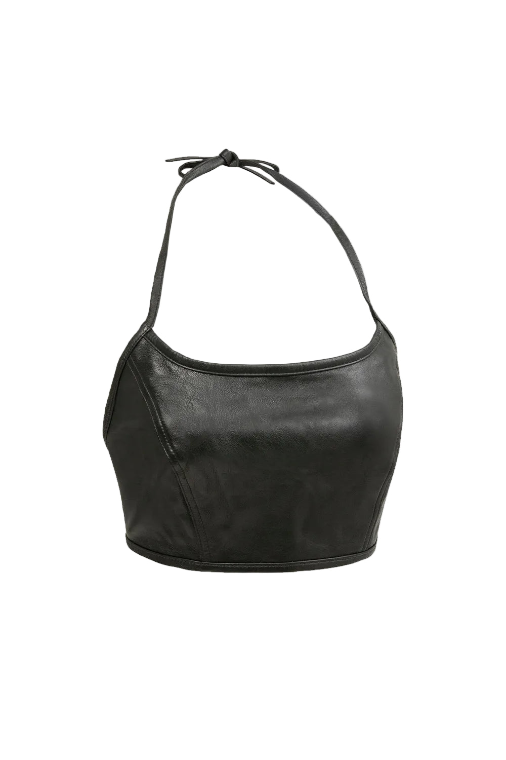 A black faux-leather halter crop top bag with a curved, slouchy silhouette and a thin adjustable tie strap, shown against a light gray background.