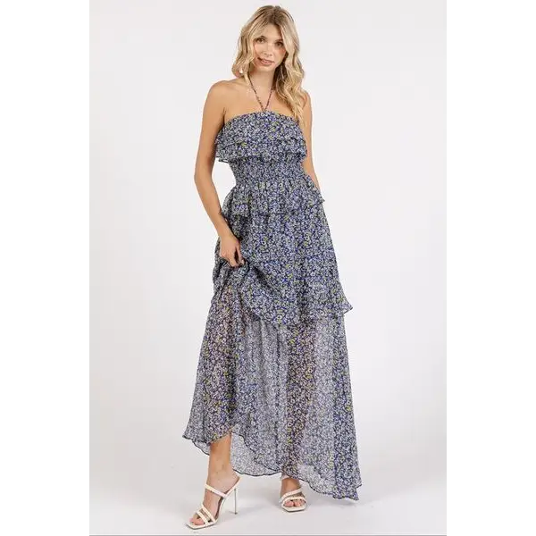 Ruffled Smocked Floral Halter Neck Maxi Dress.