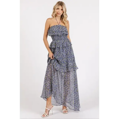 Ruffled Smocked Floral Halter Neck Maxi Dress.