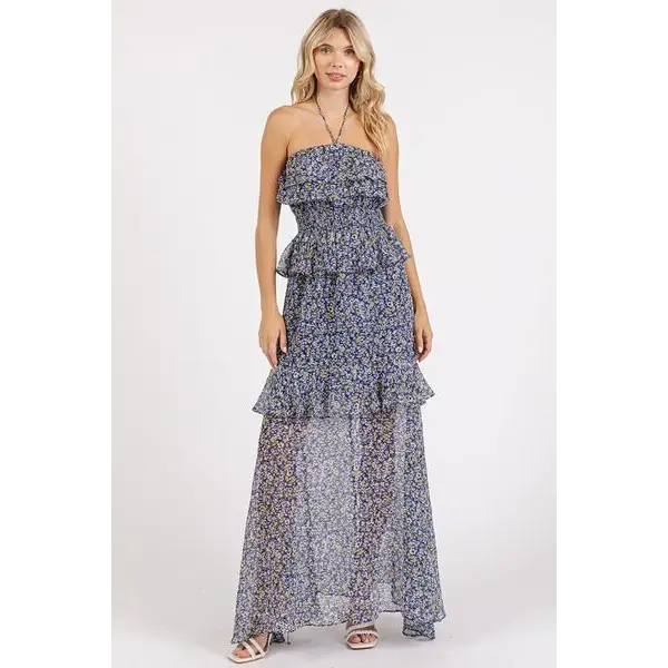 Ruffled Smocked Floral Halter Neck Maxi Dress.