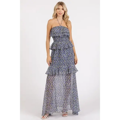 Ruffled Smocked Floral Halter Neck Maxi Dress.