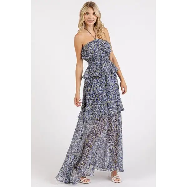 Ruffled Smocked Floral Halter Neck Maxi Dress.