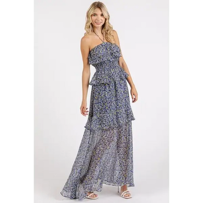 Ruffled Smocked Floral Halter Neck Maxi Dress.