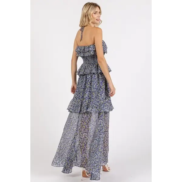 Ruffled Smocked Floral Halter Neck Maxi Dress.