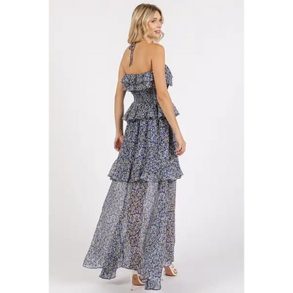 Ruffled Smocked Floral Halter Neck Maxi Dress.