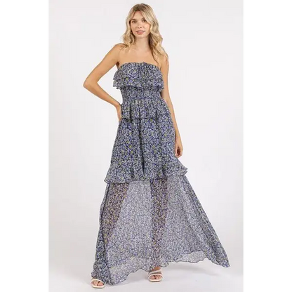 Ruffled Smocked Floral Halter Neck Maxi Dress.