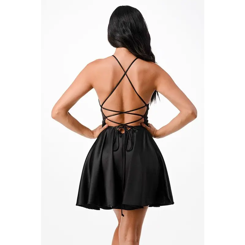 Satin Flare &Fit Criss-Cross Spaghetti Dress.