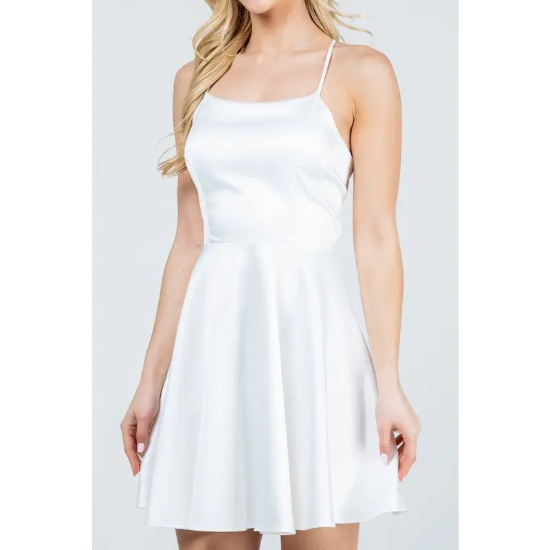 Satin Flare &Fit Criss-Cross Spaghetti Dress.