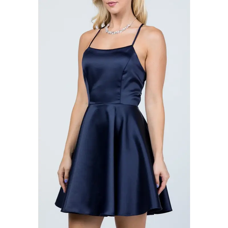 Satin Flare &Fit Criss-Cross Spaghetti Dress.