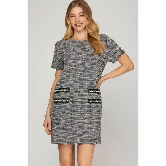 Short Sleeve Pearl Studded Trim Knit Tweed Dress Plus Size.