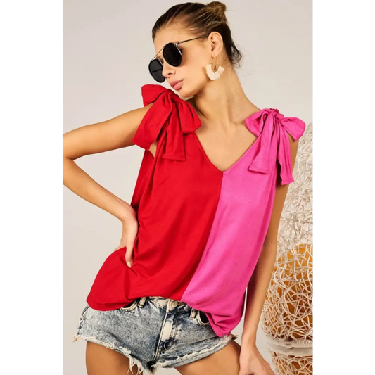 Shoulder Ribbon Tied Contrast Tank.