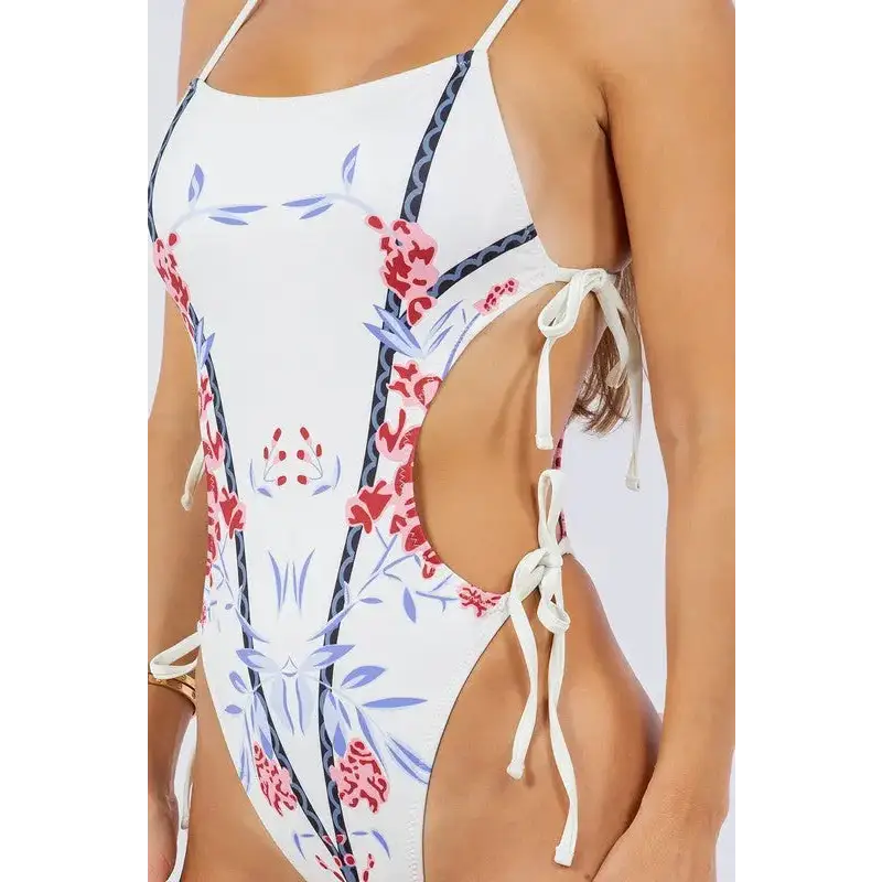 Side Cutout Front Cherry Blossom Print One Piece.