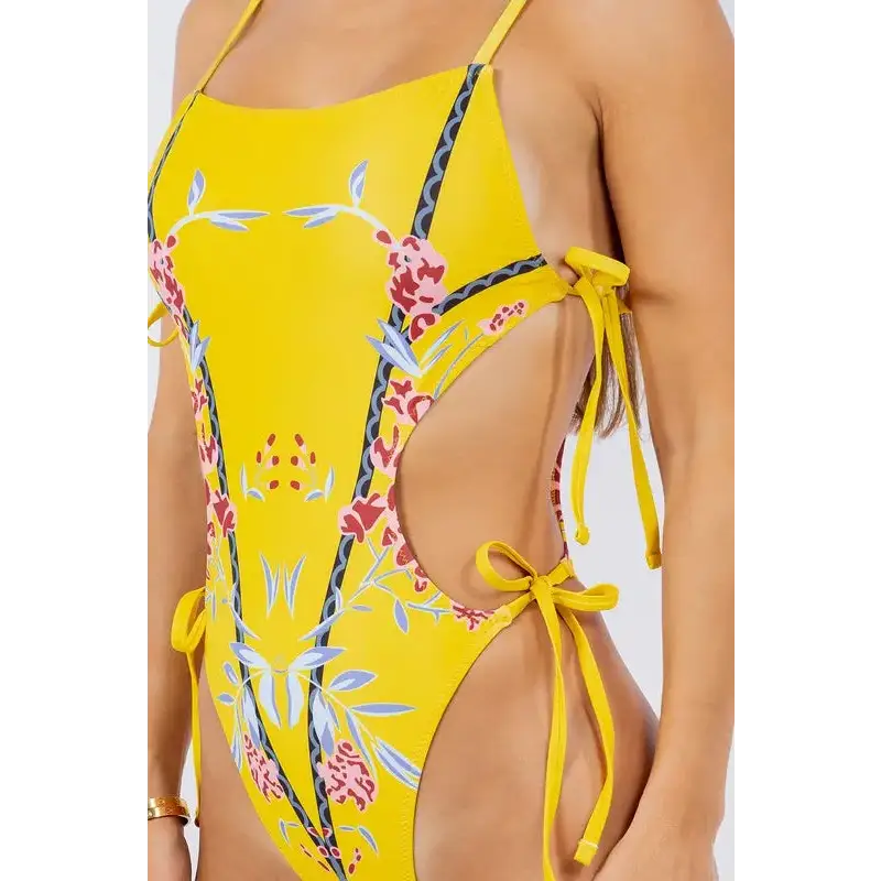 Side Cutout Front Cherry Blossom Print One Piece.
