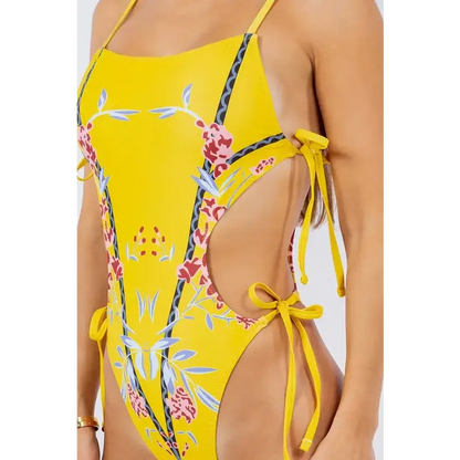 Side Cutout Front Cherry Blossom Print One Piece.