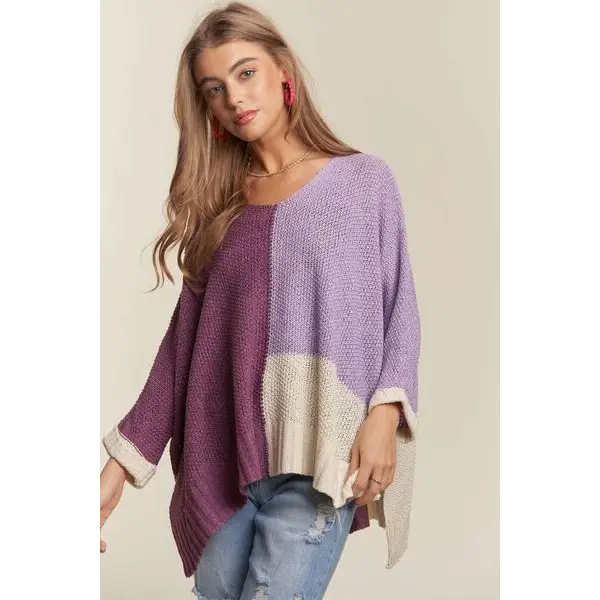 Side Slit Color Block Long Sleeve Sweater.