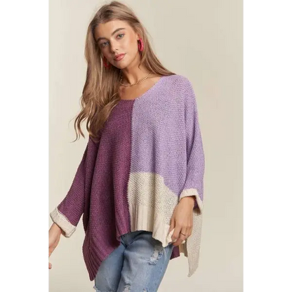 Side Slit Color Block Long Sleeve Sweater.