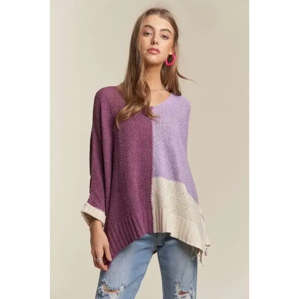 Side Slit Color Block Long Sleeve Sweater.
