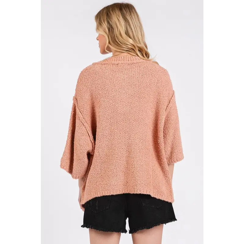 Side Slit Notched Drop Shoulder Sweater.