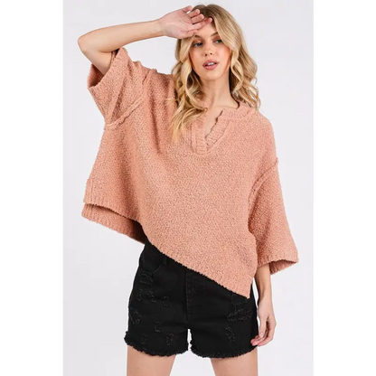 Side Slit Notched Drop Shoulder Sweater.