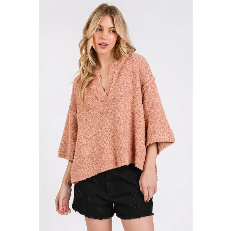 Side Slit Notched Drop Shoulder Sweater.