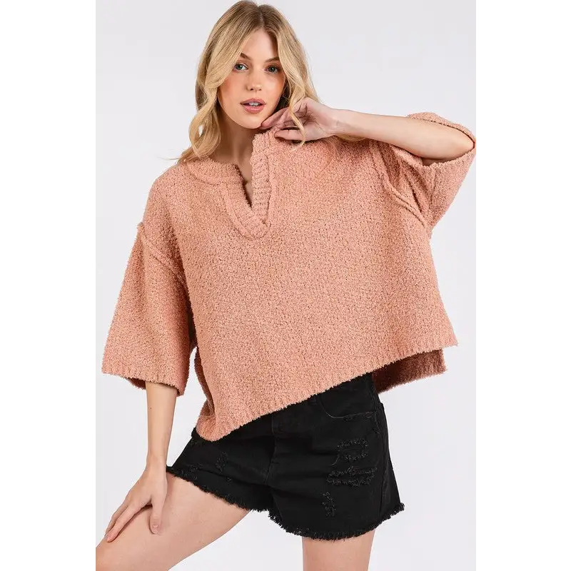 Side Slit Notched Drop Shoulder Sweater.