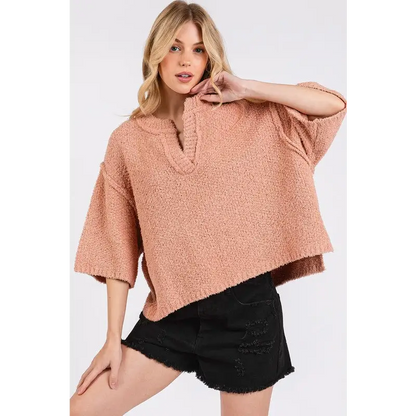 Side Slit Notched Drop Shoulder Sweater.