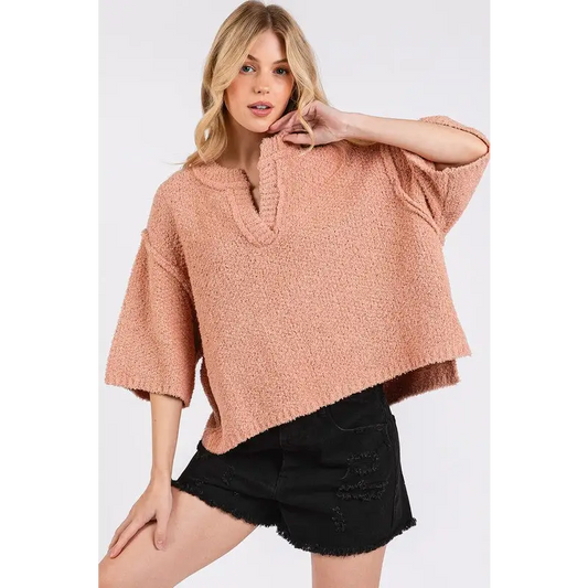 Side Slit Notched Drop Shoulder Sweater.
