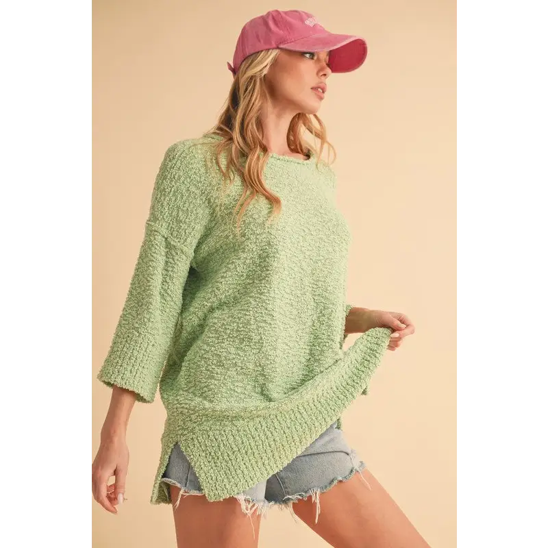 Side Slit Ribbed Hem Round Neck Sweater.