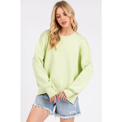 Side Slit Round Neck Drop Shoulder Sweater.
