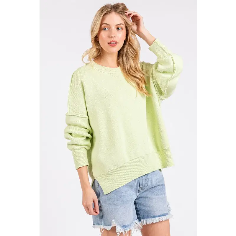 Side Slit Round Neck Drop Shoulder Sweater.