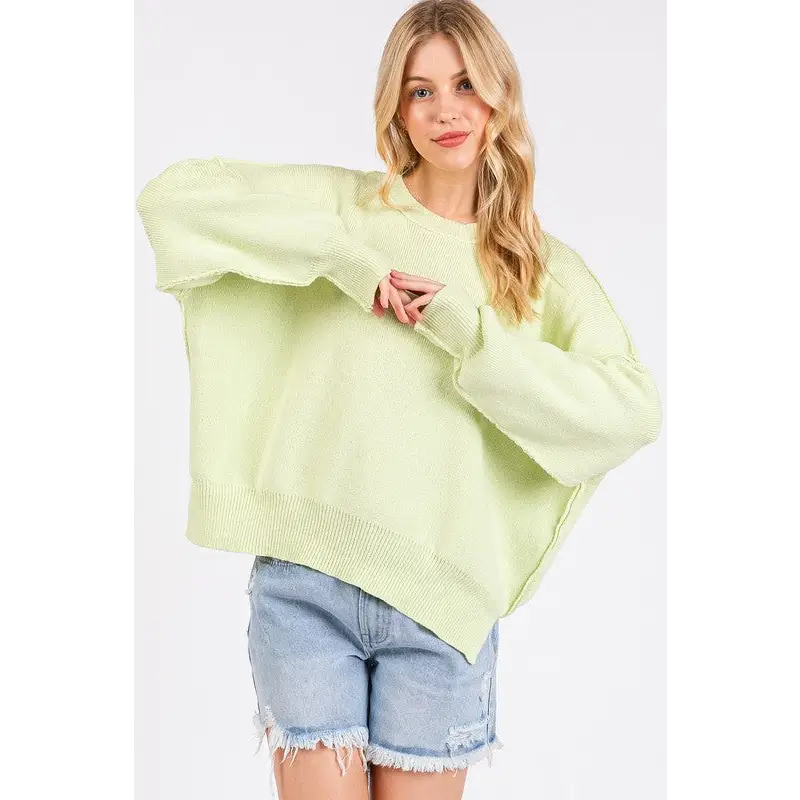 Side Slit Round Neck Drop Shoulder Sweater.