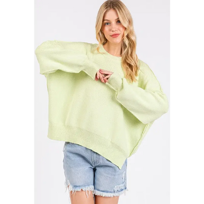 Side Slit Round Neck Drop Shoulder Sweater.