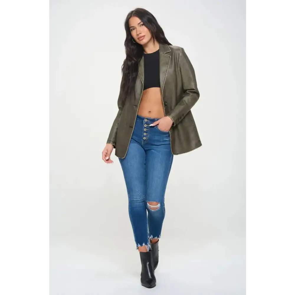 Single-Breasted Vegan Leather Blazer.