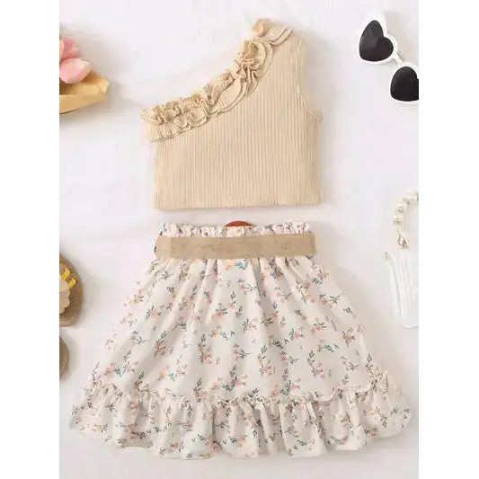 Single Shoulder Top and Printed Skirt Set.