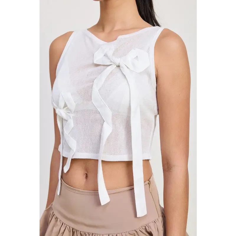 Sleeveless Sheer Bow Top.
