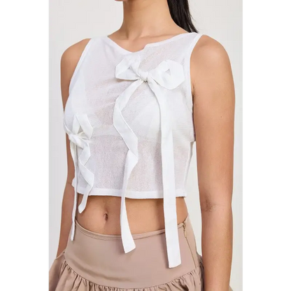 Sleeveless Sheer Bow Top.