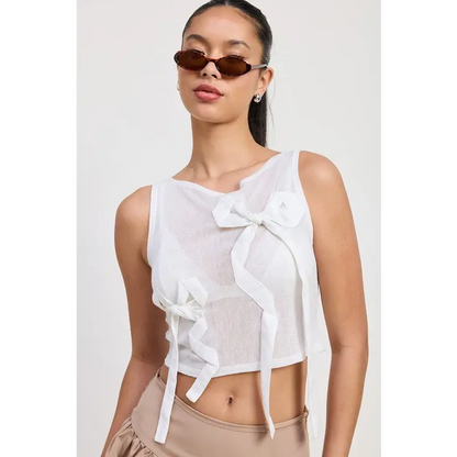 Sleeveless Sheer Bow Top.