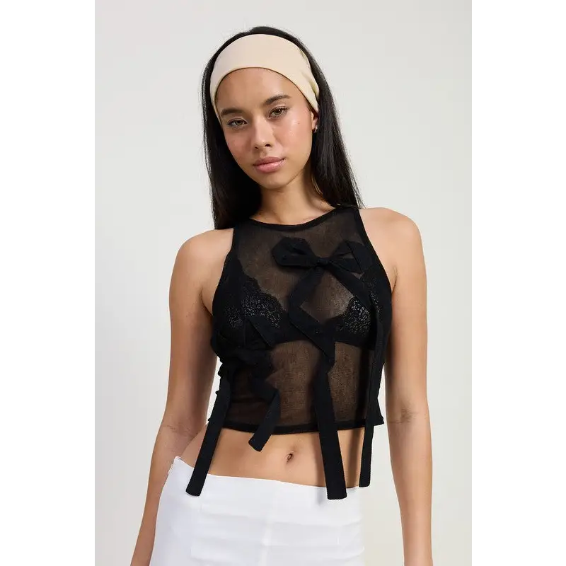 Sleeveless Sheer Bow Top.