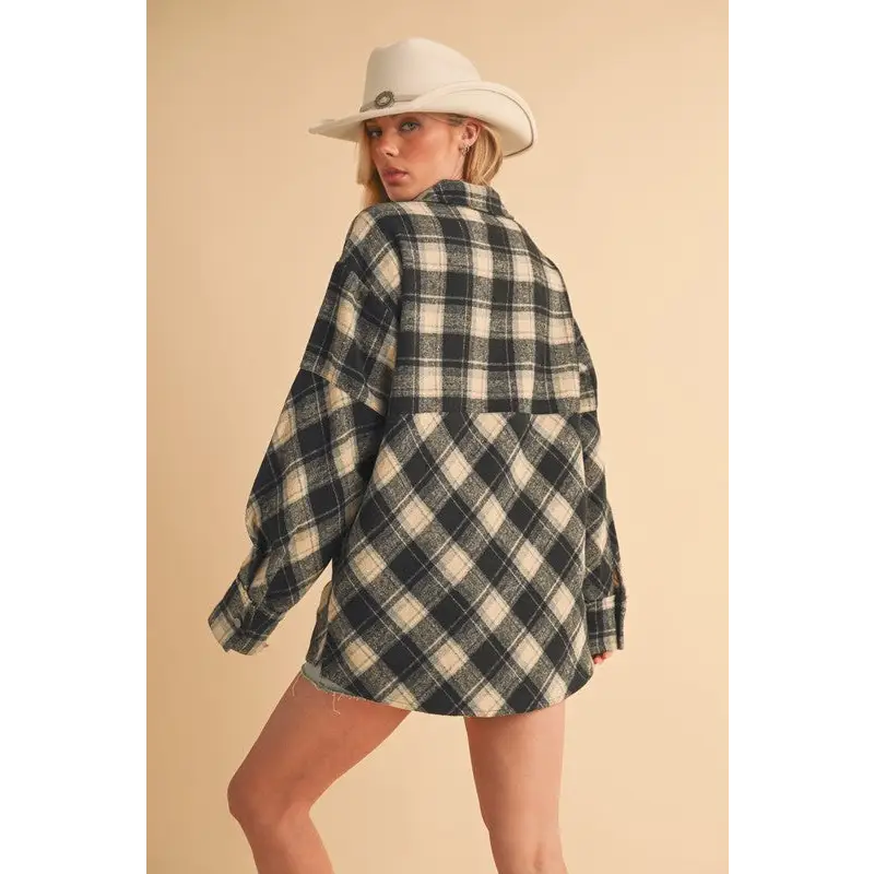 Slit Plaid Half Zip Drop Shoulder Top.