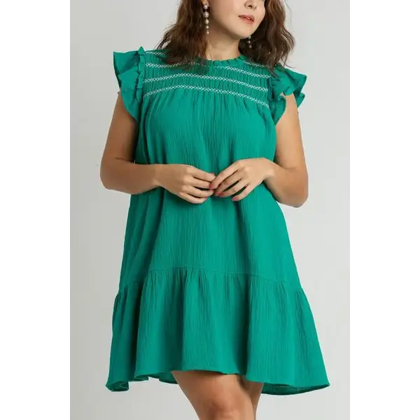 Smocked Contrast Stitching Ruffle Cap Sleeve Round Neck Dress.