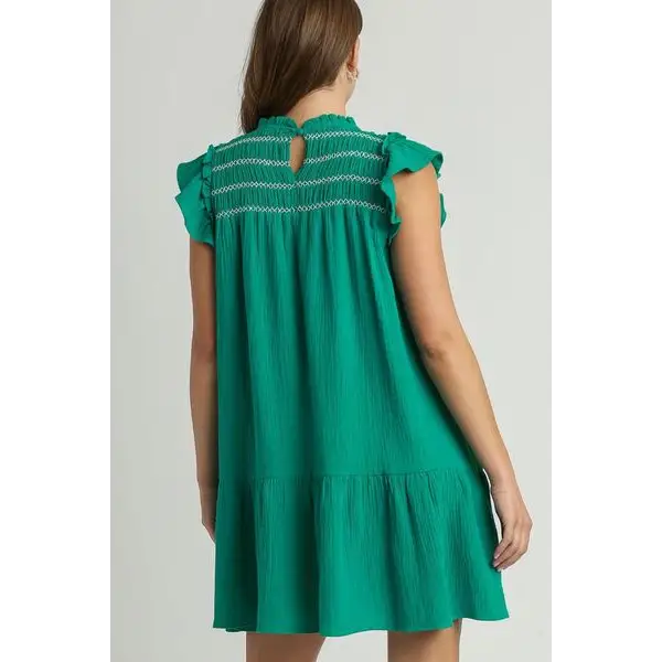 Smocked Contrast Stitching Ruffle Cap Sleeve Round Neck Dress.
