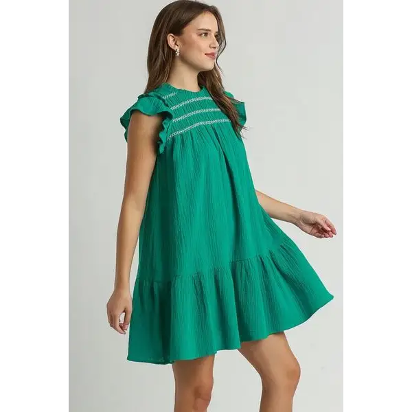 Smocked Contrast Stitching Ruffle Cap Sleeve Round Neck Dress.