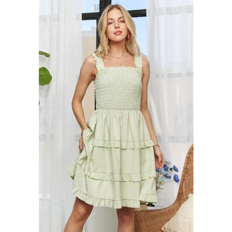 Smocked Ruffled Wide Strap Mini Dress.